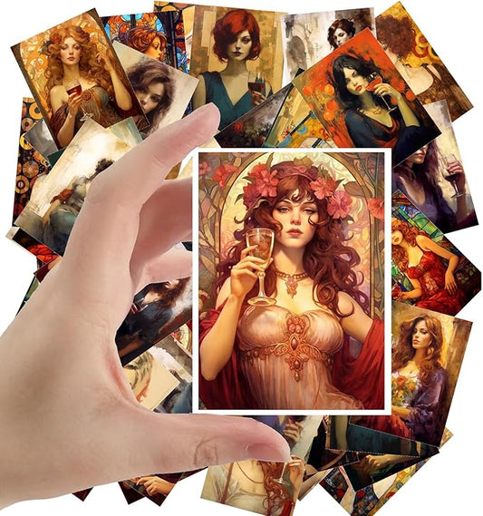 Large Stickers 24 pcs (2.5"x3.5" Each) Pretty Women Painted in Amazing Sunny Colours Art Deco Vintage Postcards Retro Greeting Card Book Illustration Reprint