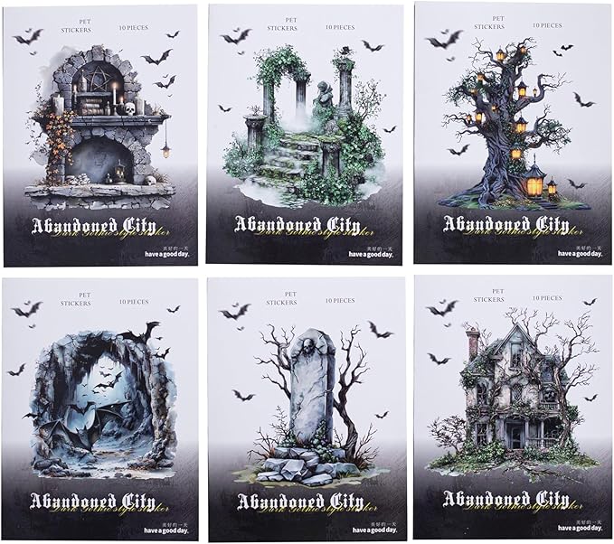 60 Pieces Aesthetic Gothic Dark Landscape Creation PET Sticker Set, 6 Pack Vintage Large Size PET Stickers for Scrapbooking, Journaling, Waterproof DIY Crafts, and Junk Journal