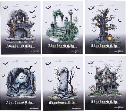 60 Pieces Aesthetic Gothic Dark Landscape Creation PET Sticker Set, 6 Pack Vintage Large Size PET Stickers for Scrapbooking, Journaling, Waterproof DIY Crafts, and Junk Journal