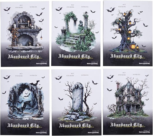60 Pieces Aesthetic Gothic Dark Landscape Creation PET Sticker Set, 6 Pack Vintage Large Size PET Stickers for Scrapbooking, Journaling, Waterproof DIY Crafts, and Junk Journal