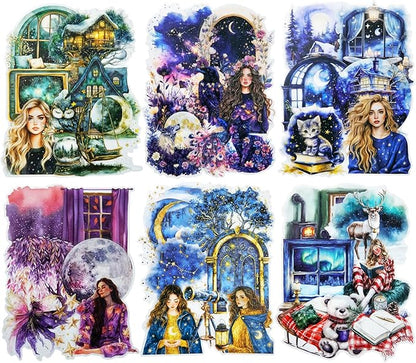 AuriicLeaf Fantasy Night Dream PET Stickers Set, 180Pcs Mystical Celestial Stickers for Journaling, Scrapbooking, DIY Crafts, Planners, and Collage Art