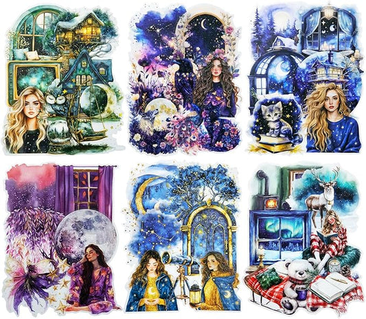 AuriicLeaf Fantasy Night Dream PET Stickers Set, 180Pcs Mystical Celestial Stickers for Journaling, Scrapbooking, DIY Crafts, Planners, and Collage Art