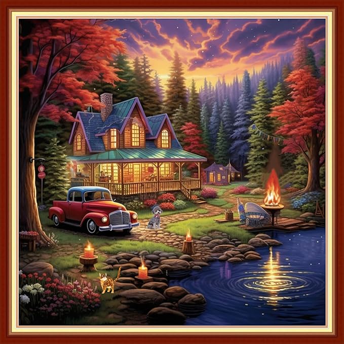 Dooxvey Cross Stitch Kits for Adults Stamped Full Range of Embroidery Starter Kits for Beginners 11CT Printed Cross Stitch Patterns Needlepoint Kits Stamped Crossstitching-Lakeside Home 18x18 inch