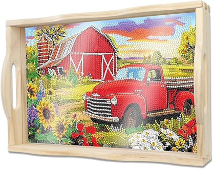 DOTSOPS DIY Diamond Painting Serving Tray with Handle for Adults 5D Diamond Art Kits for Beginners Full Drill Diamond Dots Gem Arts and Crafts Special Shape Living Room 10 x 14 Inches Red Car