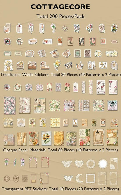 Knaid 200 Piece Vintage Ephemera Bundle - Paper & Sticker Kit for Junk Journaling, Scrapbooking, Planners, Bullet Journals, Collage, Decoupage - Cottagecore Themed - Pastel/Earthy Tones