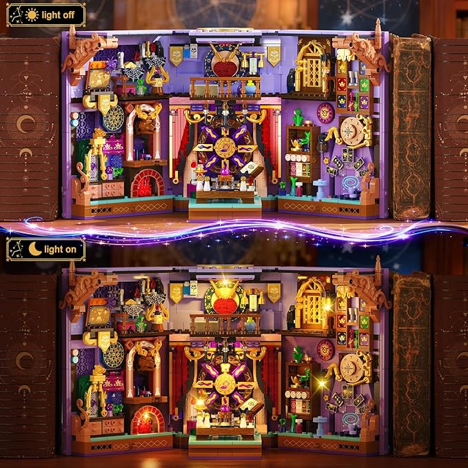 INSOON Upgraded Mystic Divination Book Nook Building Set with Rechargeable Lights, 1447 PCS DIY Magic Booknook Building Block Kit Home Decor, Miniature Book House Model Gift for Adults Boys Girls 12+