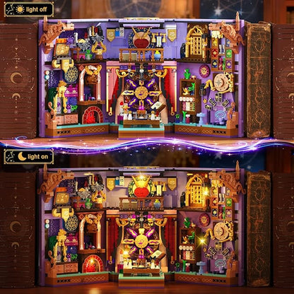 INSOON Upgraded Mystic Divination Book Nook Building Set with Rechargeable Lights, 1447 PCS DIY Magic Booknook Building Block Kit Home Decor, Miniature Book House Model Gift for Adults Boys Girls 12+