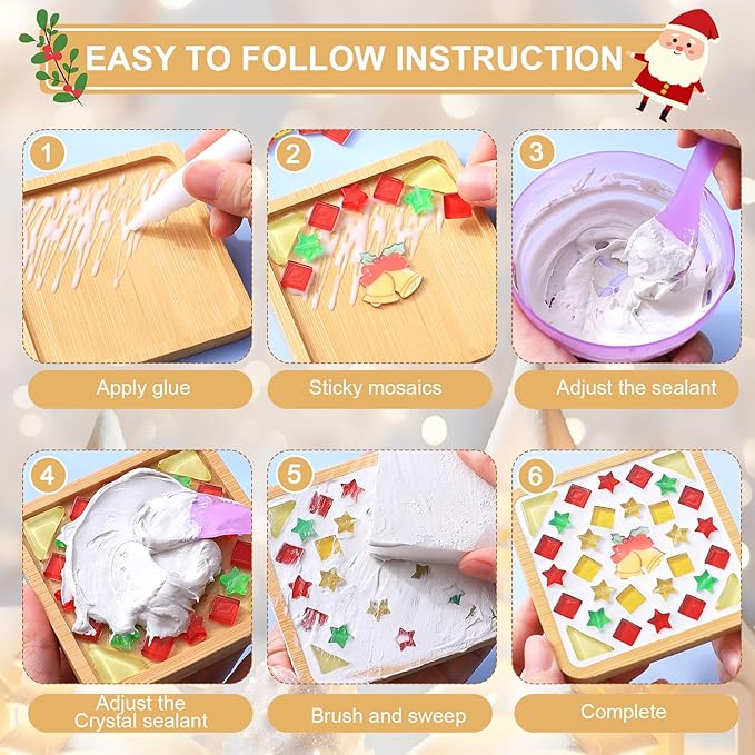 kuchisity 8 Pack DIY Glass Mosaic Tiles for Crafts, Mixed Color Mosaic Kits with Wooden Coasters Adult DIY Coasters Kit for Handmade Beverage Tray Home Christmas Decoration