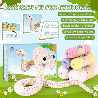 Crochet Kit for Beginners, Beginner Crochet Kit for Teenagers Adults with Step-by-Step Video Tutorials, DIY Crochet Animal Kits Knitting Supplies, Snake (40%+ Yarn)