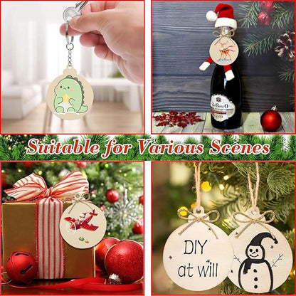 Wooden Ornaments for Crafts, 100Pcs Wood Slices & 10 Stickers, Unfinished Circles Slices DIY Christmas Tree Ornaments Predrilled Discs for Holiday Xmas Hanging Painting Decorations(2.4 Inch)