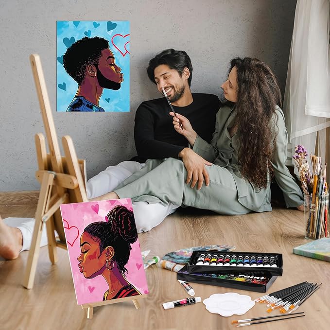 Cholemy 36 Pcs Valentine Paint and Sip Kit for Adults 8''x10'' Pre Drawn Canvas for Painting DIY Afro Acrylic Painting Kit Wood Easel Brushes Date Night Bulk for Party Gifts(Couple)