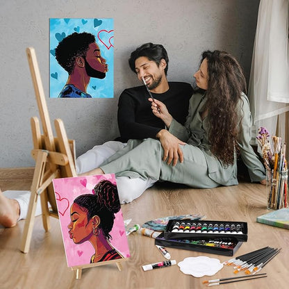 Cholemy 36 Pcs Valentine Paint and Sip Kit for Adults 8''x10'' Pre Drawn Canvas for Painting DIY Afro Acrylic Painting Kit Wood Easel Brushes Date Night Bulk for Party Gifts(Couple)