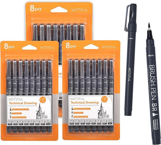 NOTEFUL Fineliner Pens - Black Micro Pens for Writing, Drawing & Journaling – Archival Waterproof Ink – Precision Art Pens for Sketching, Outlining & Detailing (3 Count (Pack of 8))