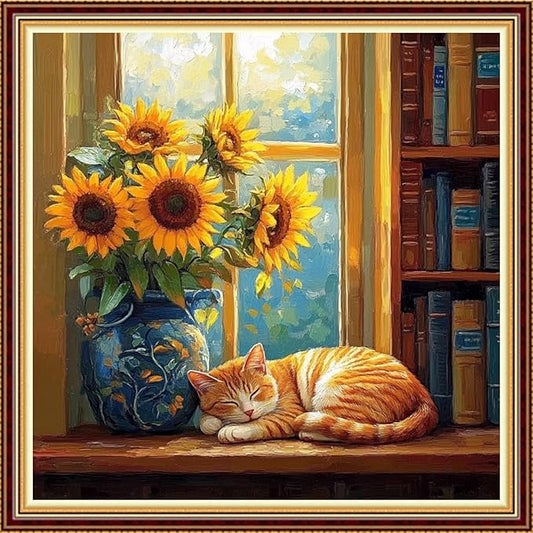 Funart Stamped Cross Stitch Kits for Beginners Full Range of Cross Stitching Preprinted Embroidery Kits for Adults, 11CT Embroidery Pattern Needlepoint Kits-he cat Sleeping by Window 18x18 inch