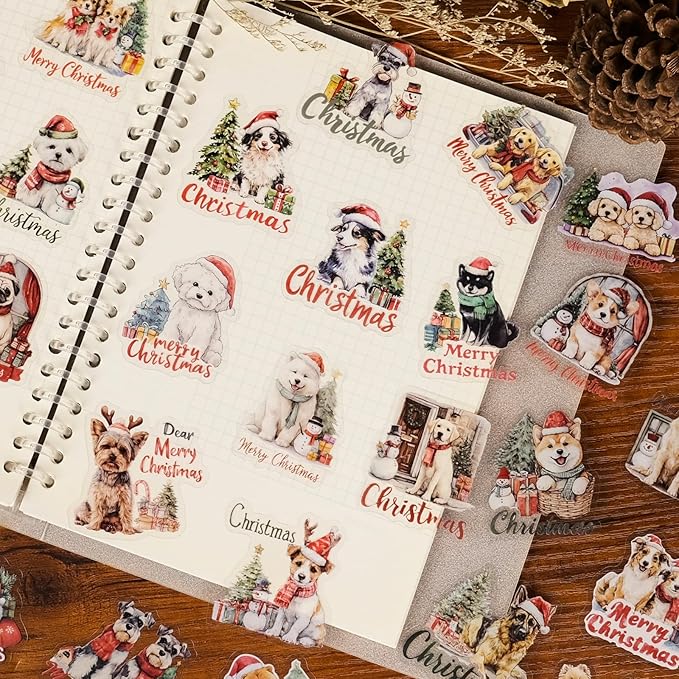 56 Pcs Cute Christmas Dog Stickers, Clear Waterproof Scrapbook Stickers with Santa Hat & Gifts, Adorable Puppy Holiday Decorative Decals for Journals, Crafts Cards Making