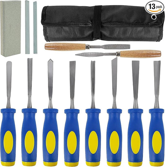 Lulu Home 13 PCS Wood Chisel with Canvas Bag, Wood Carving Tool Set Including Steel Beveled Chisel Tools with Rubber Handles, Rasps and Sharpening Stones for Woodworking