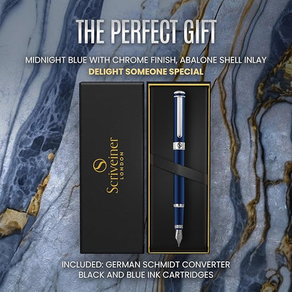 Scriveiner Midnight Blue Fountain Pen - Stunning Luxury Pen with Chrome Appointments, Schmidt Nib (Medium), Best Pen Gift Set for Men & Women, Professional, Executive, Office, Nice Pens