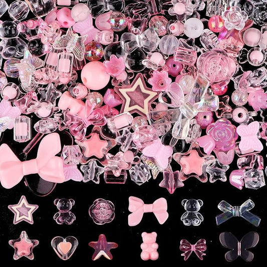 150PCS Acrylic Pastel Beads for Jewelry Making, Kalolary Colorful Bow Butterfly Flower Beads Kawaii Plastic Candy Heart Bead Cute Macaroon Aesthetic Bead for Bracelet Necklace DIY Supplies (Pink)