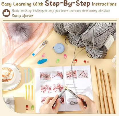 Maasechs Knitting Kit for Beginners, Learn to Knit Kit for Adults, Complete Hat, Scarf, Gloves Starter Bundle with Step-by-Step Instructions Includes Wool Yarn, Needles & Accessories (Gray)