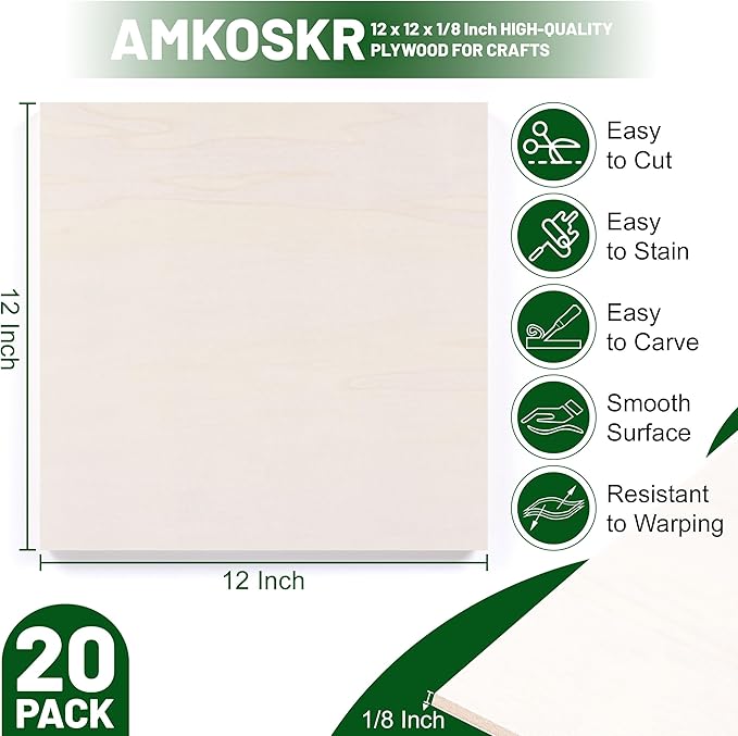 20 Pack Basswood Sheets - 12 x 12 x 1/8 Inch (3mm) Premium Plywood Sheets Unfinished Wood Boards for Crafts - Laser Cutting, Engraving, Wood Burning & Architectural Models with Smooth Surface