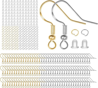 925 Sterling Silver Earring Hooks, 750PCS Earring Hooks Kit 250PCS/125Pairs Gold & Silver Hypoallergenic Earring Hooks with 250PCS Open Jump Rings and 250PCS Rubber Earring Backs for Jewelry Making