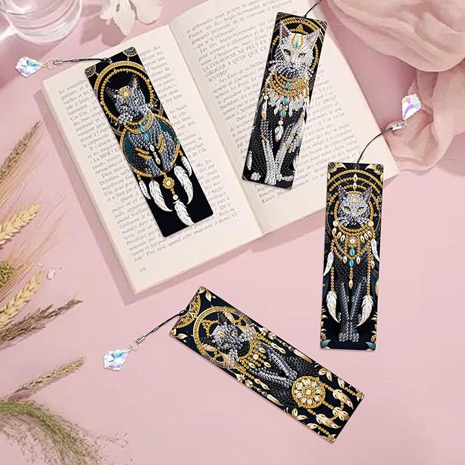 4-Piece Dreamcatcher Cat Diamond Painting Bookmarks Set for Adults – DIY 5D Rhinestone Art Bookmark Kits with Tassels, Beautiful Diamond Art Bookmarks for Crafts and Gifts