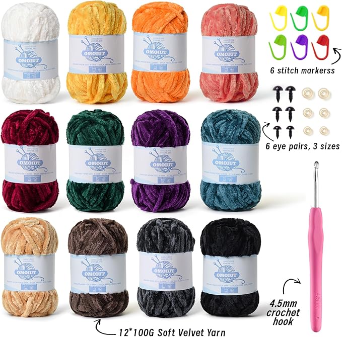 12 Pack 590 yds Chunky Chenille Yarn for Crocheting and Hand Knitting with Black Red White Green Orange Blue Plush Velvet Yarn，Baby Blanket Yarn for Crocheting Soft Amigurumi Yarn D