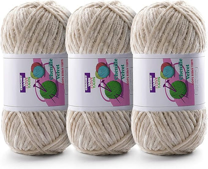 3 Skeins Soft Fluffy Velvet Yarn, Chenille Chunky Yarn for Hand Knitting and Crocheting DIY Craft, Amigurumi Crochet Yarns（3×196.8yds, 3×3.5oz） (Beige)