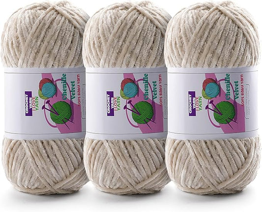 3 Skeins Soft Fluffy Velvet Yarn, Chenille Chunky Yarn for Hand Knitting and Crocheting DIY Craft, Amigurumi Crochet Yarns（3×196.8yds, 3×3.5oz） (Beige)