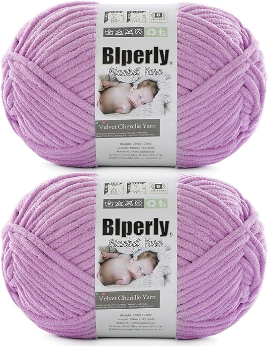 6 Super Bulky Velvet Chenille Yarn for Crocheting - 2 Skein of 200g/7 oz - Ultra Soft Heavy Weight Chunky Knitting Yarn for Baby Blankets, Amigurumi, Home Decor（Pale Purple，2 Skein）