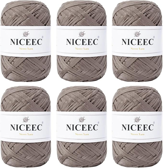 NICEEC 6 Skeins Soft Tape Yarn, Easy Crohcet Raffia, Crochet & Knitting, Paper Ribbon Yarn for DIY Craft Gift Wrapping Total Length 1.76oz×6/109yds×6 - Grayish Brown