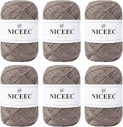 NICEEC 6 Skeins Soft Tape Yarn, Easy Crohcet Raffia, Crochet & Knitting, Paper Ribbon Yarn for DIY Craft Gift Wrapping Total Length 1.76oz×6/109yds×6 - Grayish Brown
