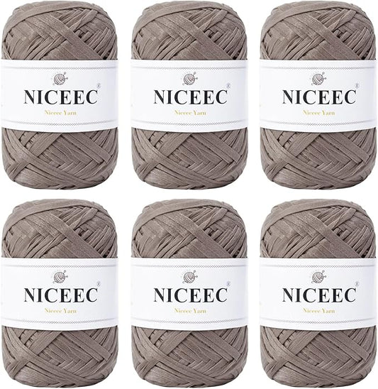NICEEC 6 Skeins Soft Tape Yarn, Easy Crohcet Raffia, Crochet & Knitting, Paper Ribbon Yarn for DIY Craft Gift Wrapping Total Length 1.76oz×6/109yds×6 - Grayish Brown