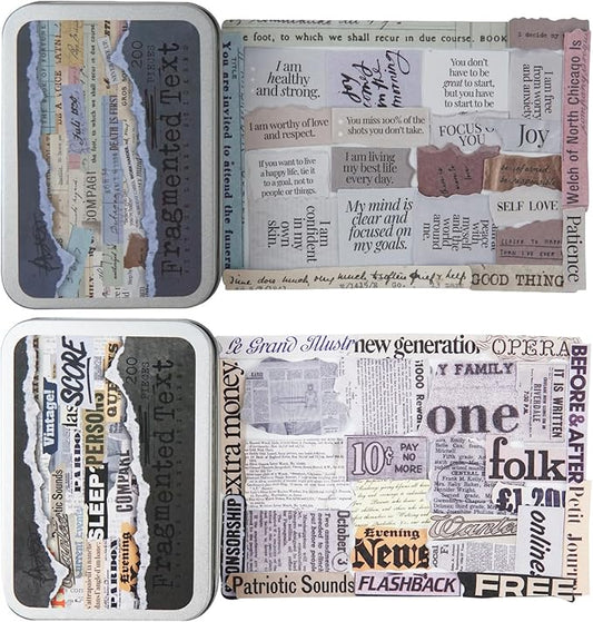 AuriicLeaf Vintage Fragmented Text Stickers, 400 PCS Washi Ephemera for Scrapbooking, Journaling, Crafting, DIY Projects, Diaries, and Art Supplies - 2 Iron Boxes Included