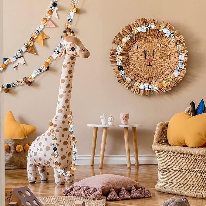 200 Pcs Cute Jungle Animals Wood Beads with Cow Leopard Tiger Giraffe Print Pattern Spacer Loose Beads for Room Party Decor Indoor Tiered Tray Wall Hanging Ornament