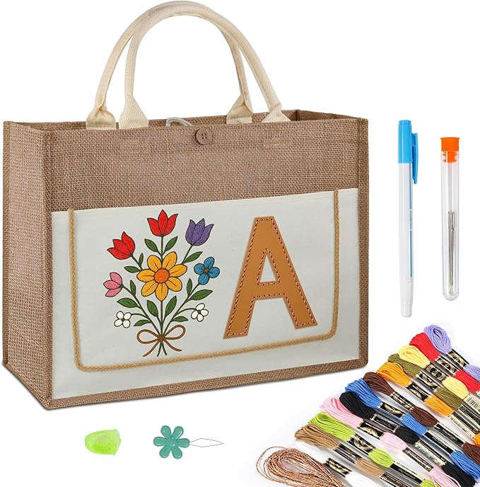 guofa DIY Jute Tote Bag with Embroidery Kit – Customizable Canvas Tote for Women, Personalized Handmade Bag for Birthday, Wedding, Beach, Everyday Use (A)