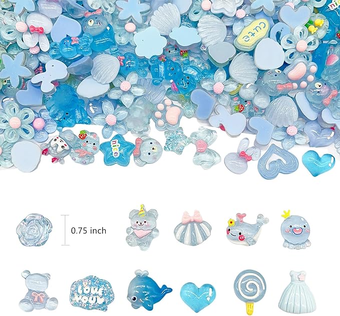 60 Pcs Slime Charms Bulk DIY Craft Making Kit, Cute Flat Back Resin Charms for Crafts (Blue)