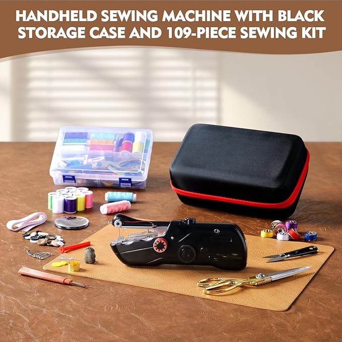 Handheld Sewing Machine with Black Storage Case and 109-Piece Sewing Kit, Mini Portable Cordless Hand Sewing Machine, Ideal for Adults & Beginners, Complete Set of Quick Home Clothing Repair Tools