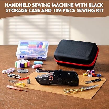 Handheld Sewing Machine with Black Storage Case and 109-Piece Sewing Kit, Mini Portable Cordless Hand Sewing Machine, Ideal for Adults & Beginners, Complete Set of Quick Home Clothing Repair Tools