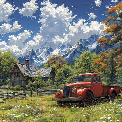 DIY Counted Stamped Cross Stitch Kits for Adults 14 Count Cross Stitch Patterns Printed Cross Stitch Kits for Adults (Mountain Car)