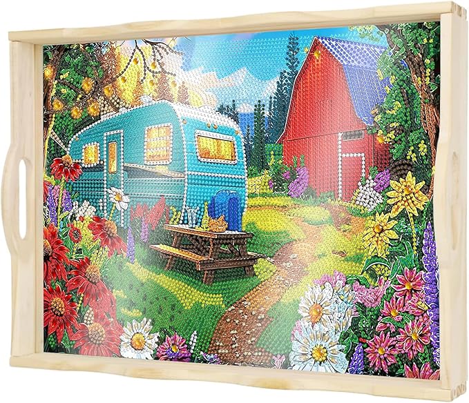 DOTSOPS DIY Diamond Painting Serving Tray with Handle for Adults 5D Diamond Art Kits for Beginners Full Drill Diamond Dots Gem Arts and Crafts Special Shape Living Room 12 x 16 Inches Blue Car