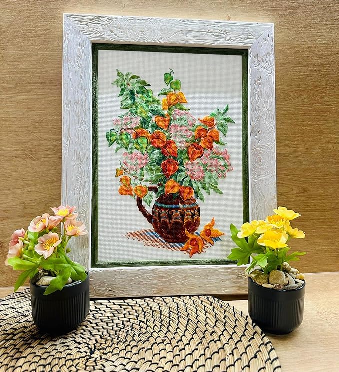 RIOLIS - Bouquet with Physalis 2086, Cross Stitch Kits 8¼" x 11¾", Cross Stitch Kits for Beginners & Advanced, Crossstitching Kit Adult, Embroidery Counted Stitching Kit