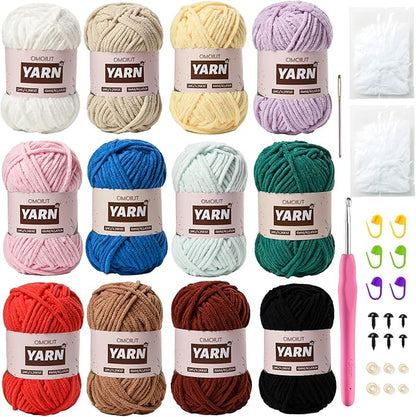 12 Pack Chenille Velvet Yarn - Baby Yarn for Crocheting Soft - Amigurumi Yarn Set with 600g(787yd) Crochet Yarn Crochet Hook、Stitch Markers、Fluffy Stuffing、Accessories B
