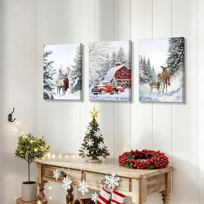 WENGTIAO Christmas Canvas Wall Art 3Pcs Winter Snowy Forest Prints Posters Red Truck Cabin Paintings Reindeer Pictures Vintage Xmas Artwork for Living Room Bedroom Bathroom Office 12”x16”x3