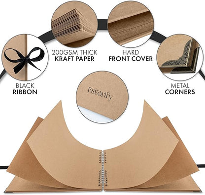 Bstorify 10 x 10 Inches Scrapbook Album For 4 x 6, 8 x 10 Pictures, 70 Pages Brown Thick 200gsm Kraft Paper Corner Protectors, Ribbon Closure - Ideal for Your Scrapbooking, Art & Craft Projects