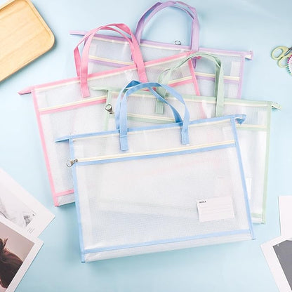 4 Pcs A4 Portable Project Bags for Quilting, Clear Mesh Sewing Project Bag with Zipper Handle Clear Design Art Supply Bag for Quilting Knitting Stitching Artworks Embroidery