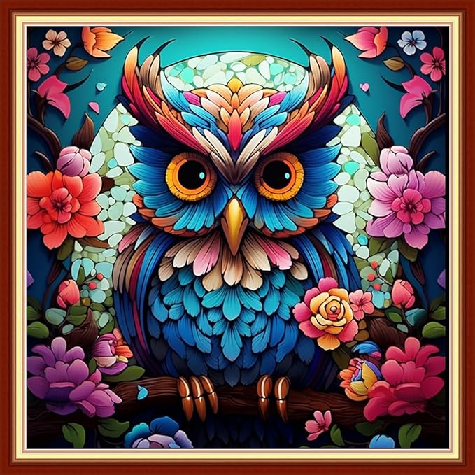 Joyhoor Cross Stitch Kits for Beginners Stamped Cross-Stitch Supplies Needlework preprint Embroidery Kits for Adults DIY Needlepoint Kits Embroidery Patterns 11CT-Colorful Owl 18.x18 inch