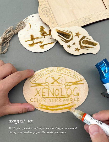 Xenolog Beginner-Friendly Wood Burning kit with Markers, Heat Gun, Wood Slices, Stencils, Pencil, Transfer Paper & plaques - Ideal Gift for Artists, DIY Lovers & Teens