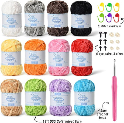 12 Pack 590 (yd) Chunky Chenille Yarn for Crocheting and Hand Knitting with Black Red White Green Yellow Orange Plush Velvet Yarn，Baby Blanket Yarn for Crocheting Soft Amigurumi Yarn