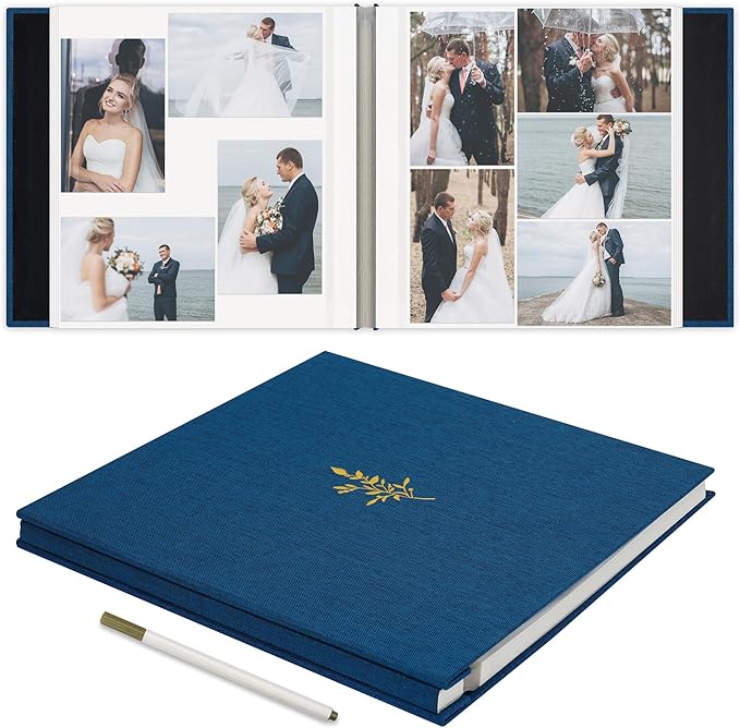 Remowith Self Adhesive Photo Album, Navy Blue Scrapbook Album with DIY 60 Blank Pages, Wedding Photo Album with A Metallic Pen for 4x6 5x7 2x3 Pictures, 10.6"x11"